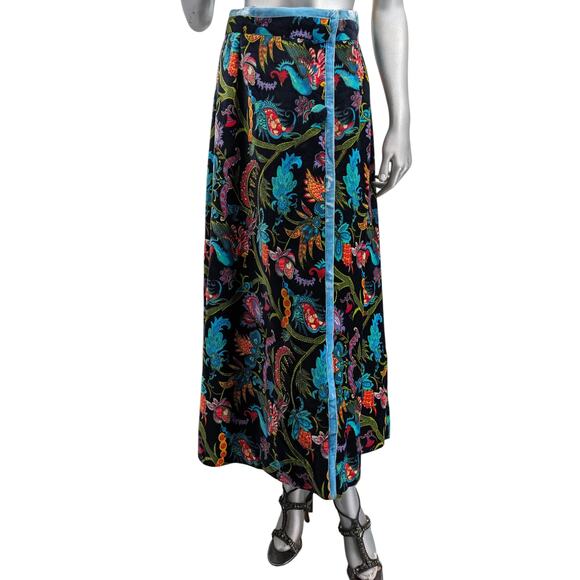 Vintage 70's SAKS FIFTH AVENUE Cotton Velvet Wrap Skirt Psychedelic Asian Floral - Picture 3 of 12